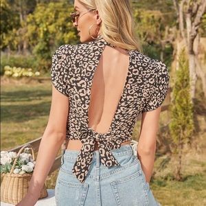 Leopard Print Tie Back Backless Crop Blouse